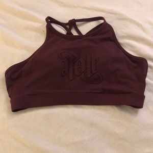 Off The Pole Maroon Sports Bra. NWOT. Says “POLE” Upright & Upside Down! Sz M.